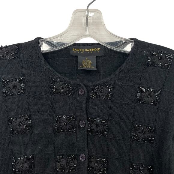 Vintage Babette Ballinger Button Up Floral Embellished Cardigan Black Medium - Picture 3 of 5
